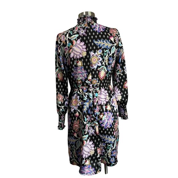 Loft Black Floral Mock Neck Long Sleeve Babydoll Dress Size 10 Petite - Picture 3 of 11